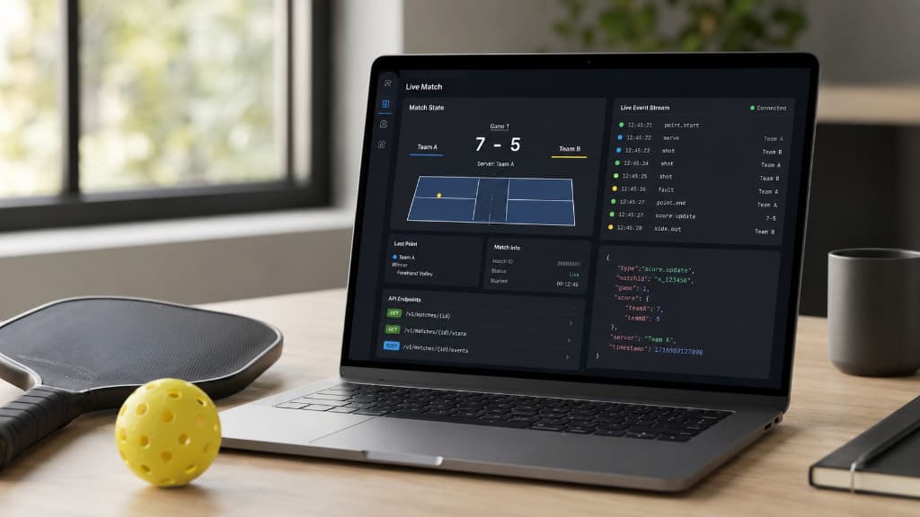 A laptop on a desk showing a live pickleball match dashboard with REST endpoints and a WebSocket event stream, beside a paddle and yellow ball