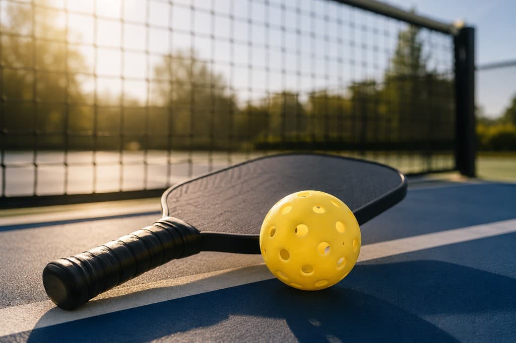 A black pickleball paddle and a yellow pickleball on a blue court at sunset, with a net and trees in the blurred background