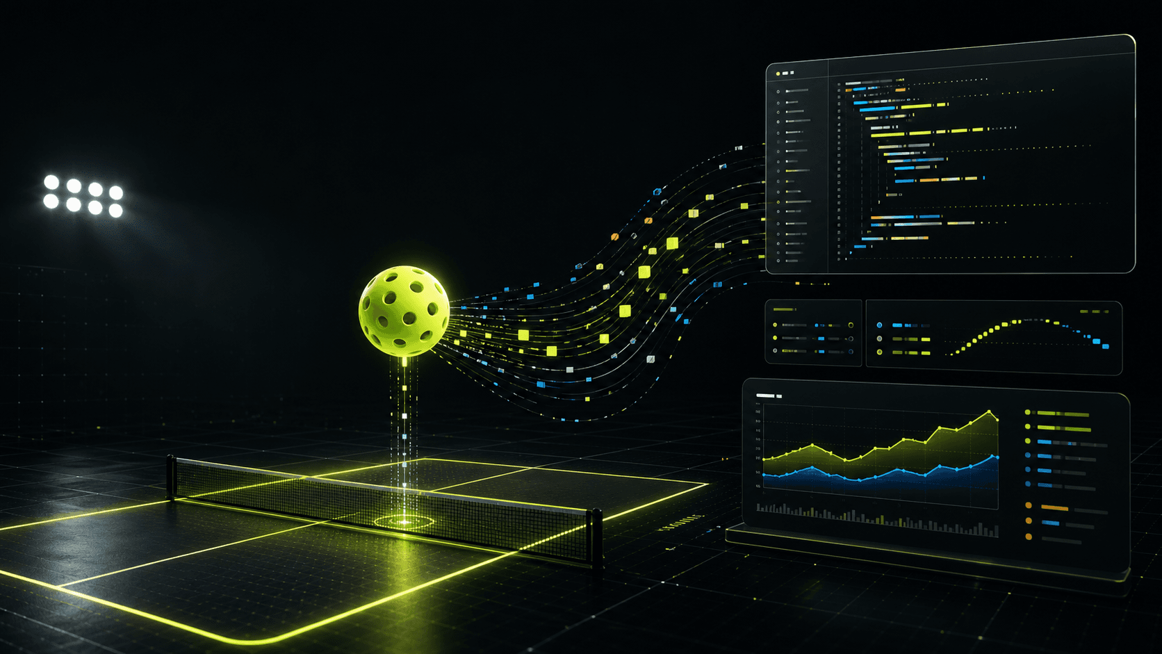 A pickleball court connected to live score and league data interfaces